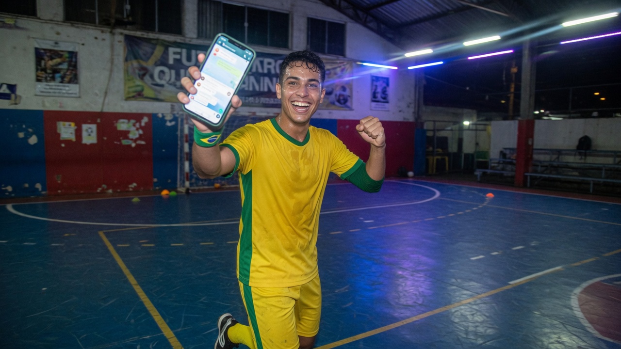 Jogador na quadra baixando o clipe no celular